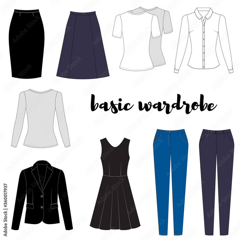 Illustration of women's skirt, shirt, shorts, pants, jeans, t-shirt, longsleeve, cardigan, jacket, jerseys, singlet. Minimalist Basic capsule wardrobe. Casual style. Technical drawing. Spring summer Illustration of women's skirt, shirt, shorts, pants, jeans, t-shirt, longsleeve, cardigan, jacket, jerseys, singlet. Minimalist Basic capsule wardrobe. Casual style. Technical drawing. Spring summer