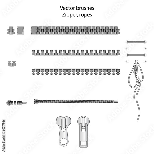 vector fittings, sequins, fringe, chain, rope brushes for illustrator , Zipper