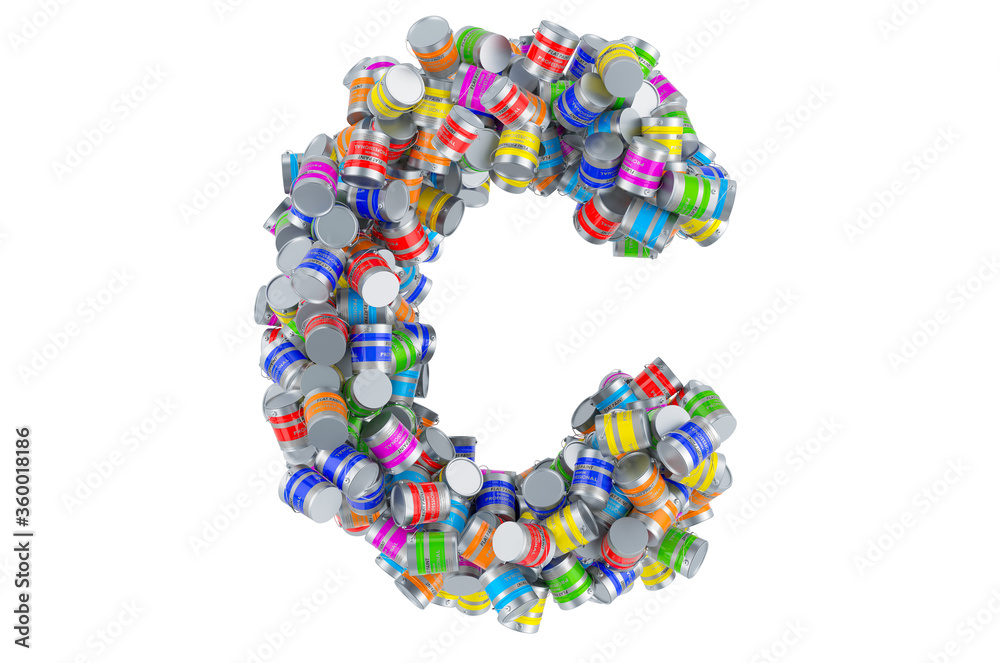 Letter C from colored paint cans, 3D rendering