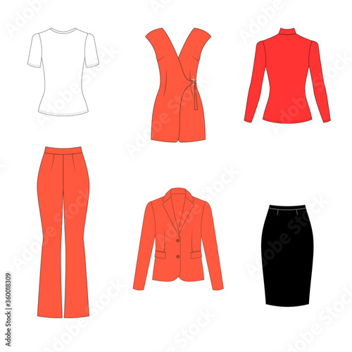 Illustration of women's clothes. Capsule color combination. Minimalist Basic wardrobe. Casual style. Technical drawing. Spring summer