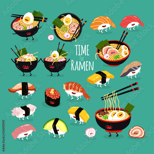 ramen sushi set. Time for ramen. Vector illustration.