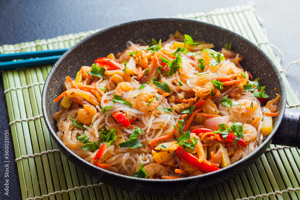 Asian stir fry - bean threads with vegetables and shrimps Asian stir fry - bean threads with vegetables and shrimps