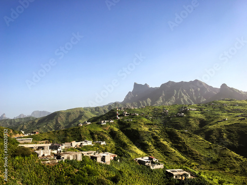 Green, hilly, beautiful landscape in the island of Santiago in Cape Verde, Africa photo