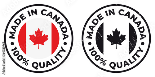 Vector circle symbol. Text Made in Canada with flag. Stamp. Isolated on white background.