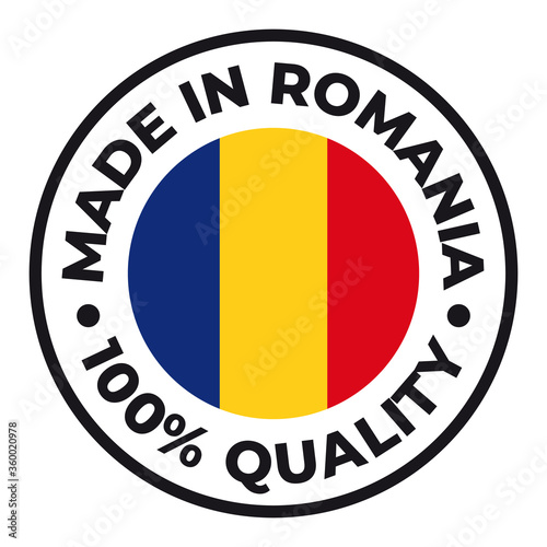 Vector circle symbol. Text Made in Romania with flag. Isolated on white background.