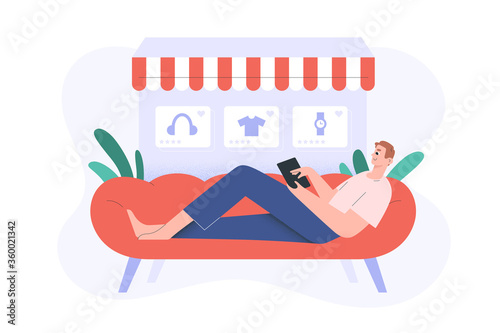 Online shopping, guy lying on the couch surfing internet, making purchase, e-shopping, e-commerce concept, vector cartoon illustration. Happy customer shopping on cozy sofa. Online store web page
