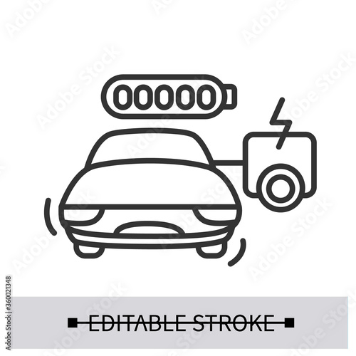 Electric car icon. Vehicle with range extending auxiliary power unit line pictogram. Concept of safe long distance drive and green energy transport technologies . Editable stroke vector illustration
