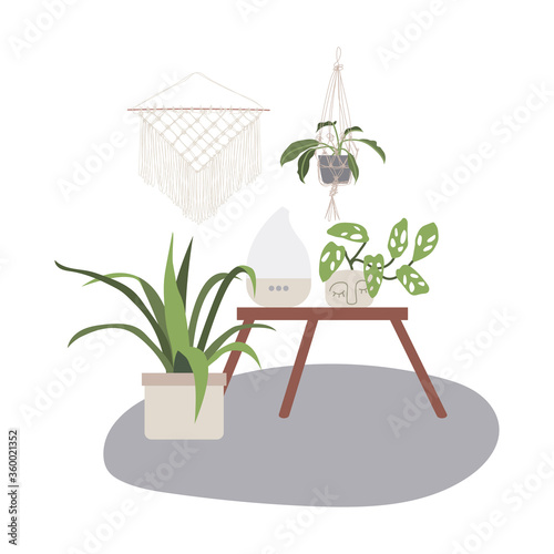 Home humidifier. Air freshener for home with houseplants. Air cleaner, purifier microclimate. Domestic appliance for humidity control. Perfect for landing page, banner.Flat cartoon vector illustration