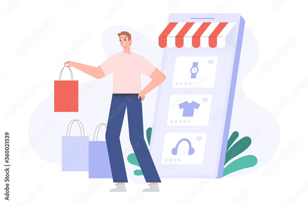 Online shopping concept, happy customer with shopping bags, delivered orders, smartphone screen with goods, online store app for e-shopping from home, flat vector cartoon illustration
