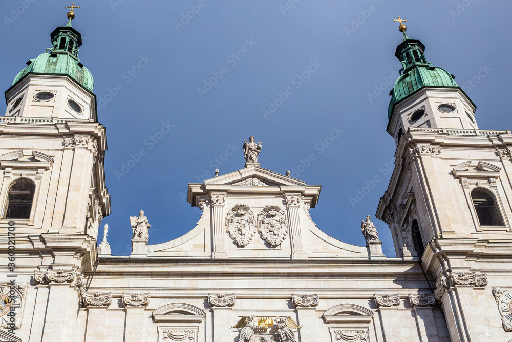View of Salzburg Cathedral Bell Towers in Salzburg Old Town (Domplatz)