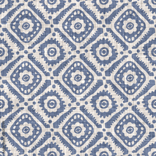 Seamless french farmhouse linen printed floral quilt background. Provence blue gray linen pattern texture. Shabby chic style old woven damask background. Textile rustic all over print photo