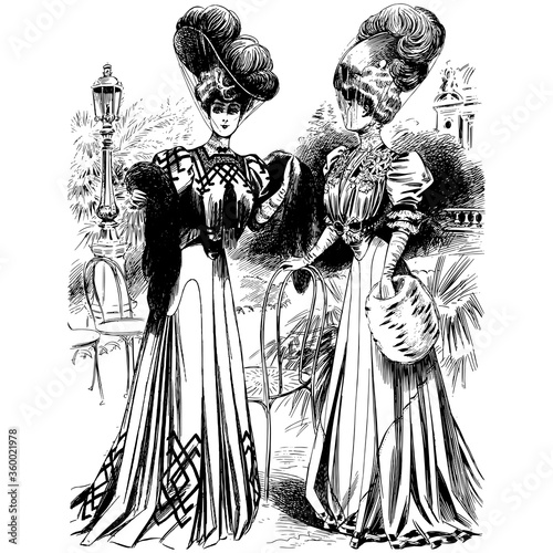 Vintage engraving of two ladies