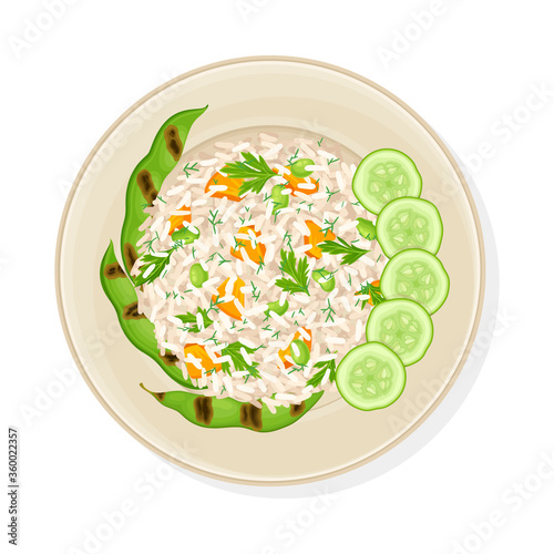 Thai Rice with Vegetables and Sliced Cucumber Rested Nearby Top View Vector Illustration