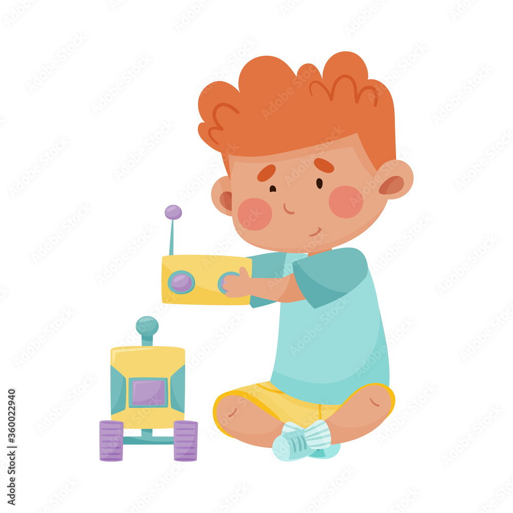 Little Boy Sitting and Playing with RC Toy Vector Illustration Little Boy Sitting and Playing with RC Toy Vector Illustration