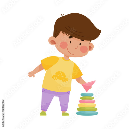 Little Boy Playing with Construction Toy Isolated on White Background Vector Illustration