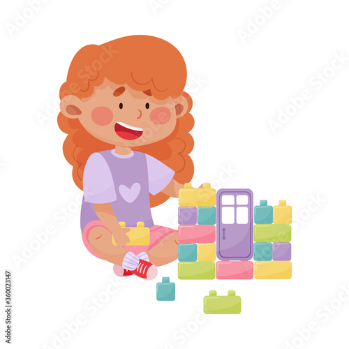 Cheerful Girl Sitting and Playing with Construction Toy Vector Illustration
