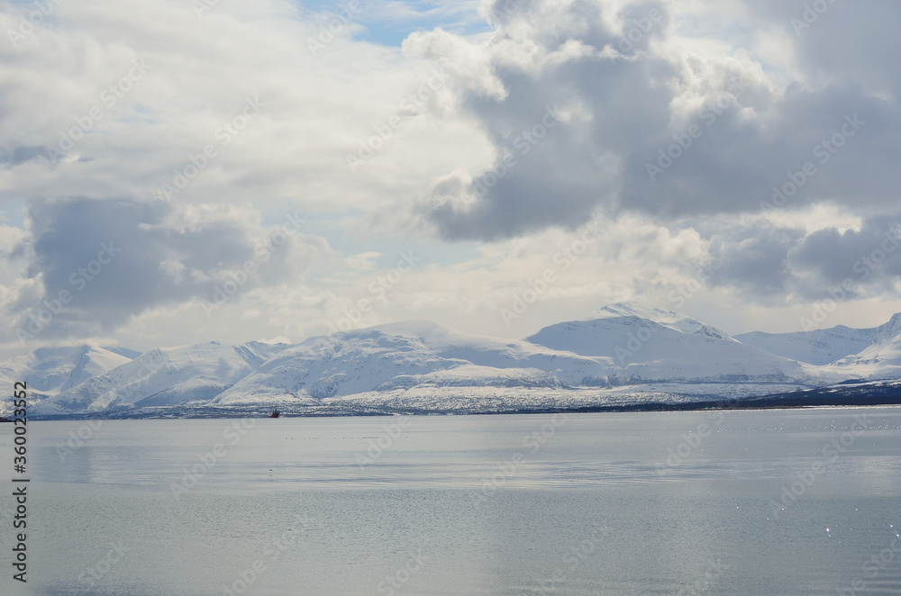 fjord and snowy mountain landscape