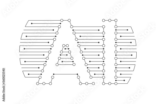 Artificial intelligence, AI line icon. Circuit and AI letters silhouette. Vector illustration isolated on white background.