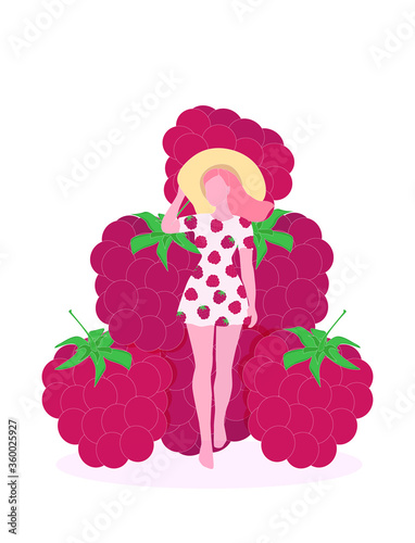 Girl with raspberries in a dress with a raspberry pattern