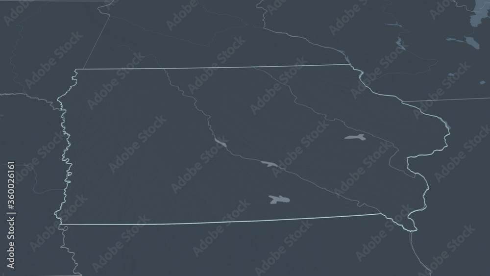 Iowa, state with its capital, zoomed and extruded on the administrative map of United States in the conformal Stereographic projection. Animation 3D Iowa, state with its capital, zoomed and extruded on the administrative map of United States in the conformal Stereographic projection. Animation 3D