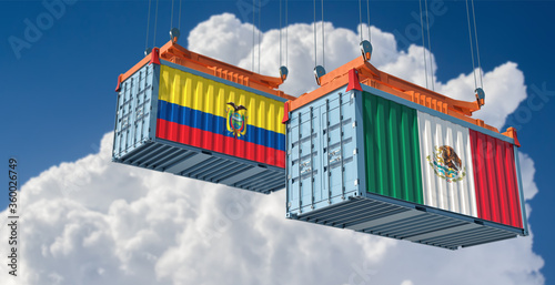 Freight containers with Mexico and Ecuador flag. 3D Rendering 