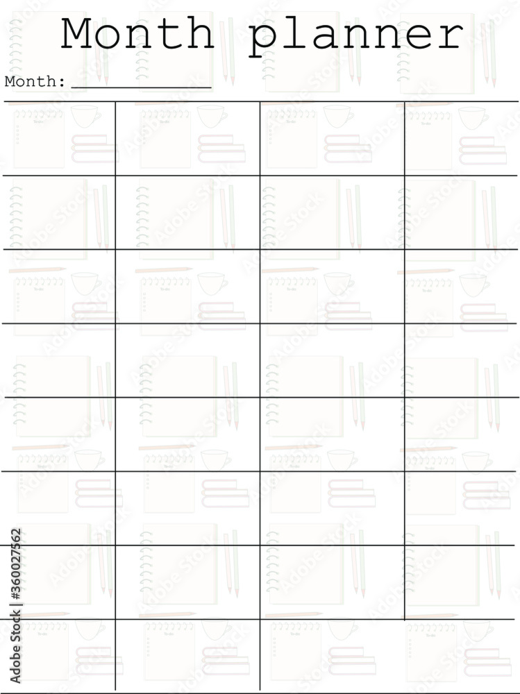 Planner layout as vector graphic. Vector illustration with lettering. Business organization, schedule, list. Template in a simple style. Modern design. Single page for print. Planner layout as vector graphic. Vector illustration with lettering. Business organization, schedule, list. Template in a simple style. Modern design. Single page for print.
