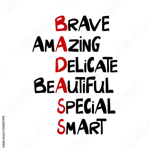 Brave, amazing, delicate, beautiful, special, smart, bad ass. Cute hand drawn lettering in modern scandinavian style. Isolated on white. Vector stock illustration.
