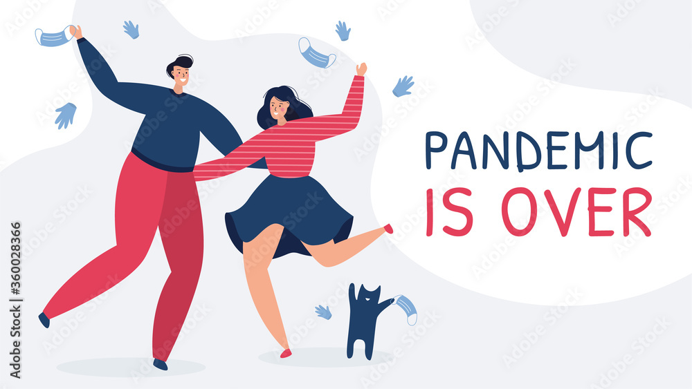 Vector illustration banner, covid-19 pandemic finished and quarantine is over. A couple with their cat are happy that the epidemic lockdown ended, tossing masks and gloves in the air, celebrating