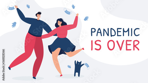 Vector illustration banner, covid-19 pandemic finished and quarantine is over. A couple with their cat are happy that the epidemic lockdown ended, tossing masks and gloves in the air, celebrating