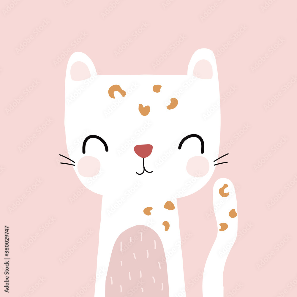 Cute white wild cat. Childish print. Vector hand drawn illustration.