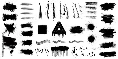 Very nice collection of black paint. Great elaboration: spray graffiti and stencil template ink brush strokes. Grunge design set for you design. Paint splatter blotches. Vector texture, isolated set