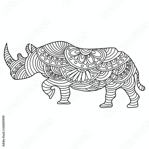 rhino drawn with folk style ornaments on a white background for coloring, vector