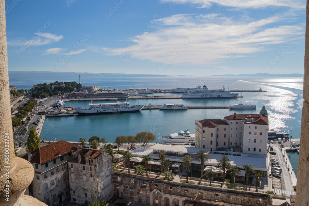 Aerial view from bell tower of Split Harbor and Brac Island in the distance in Croatia