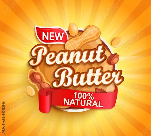 Organic peanut butter label, natural product with nuts on gold sunburst background for your brand, logo, template, label, emblem for groceries, stores, packaging and advertising, marketing. Vector