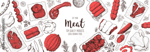 Meat products top view frame. Vector illustration. Engraved design. Hand drawn illustration. Pieces of meat design template. Great for package design. Chicken, beef, pork, sausage, lamb, ham sketch.