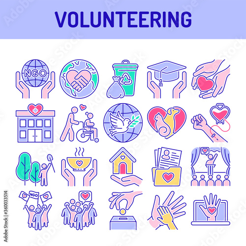 Volunteering color line icons set. Non profit community. Humanitarian aid. Signs for web page, mobile app, banner, social media.