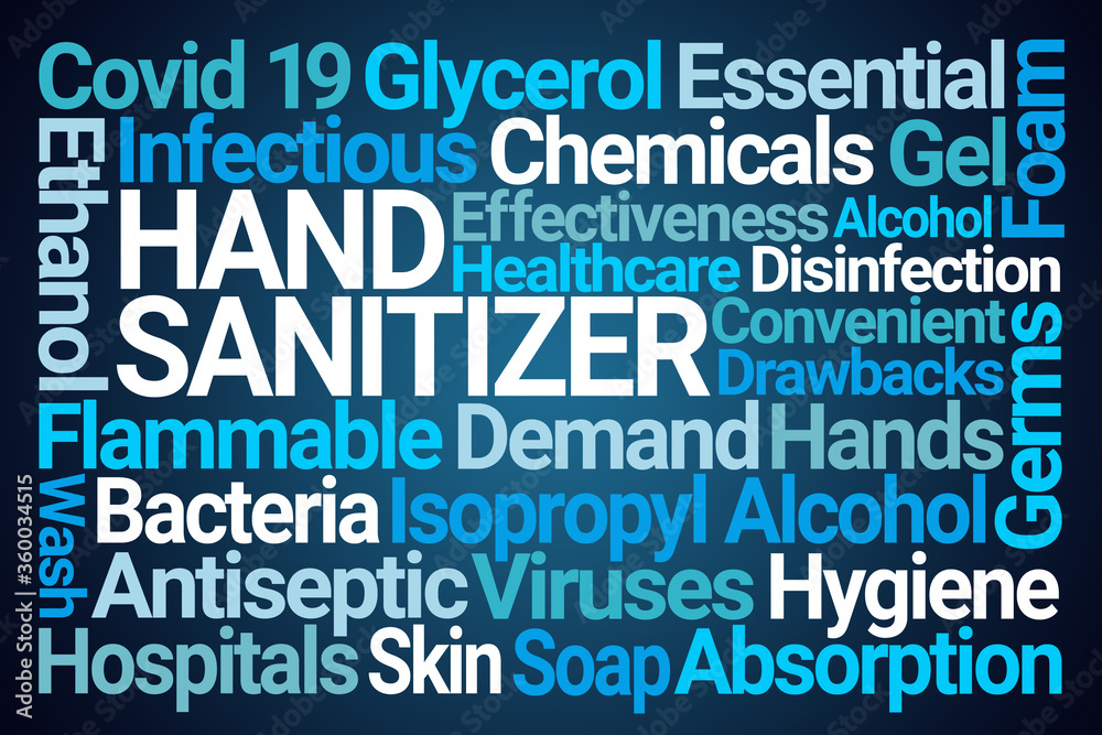 Hand Sanitizer Word Cloud on Blue Background Hand Sanitizer Word Cloud on Blue Background