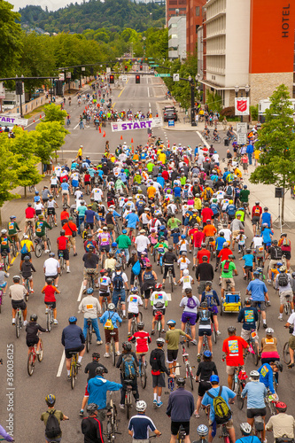 Portland, Oregon, Bicyclists participating the the "Bridge Pedal" ride are at the starting line.