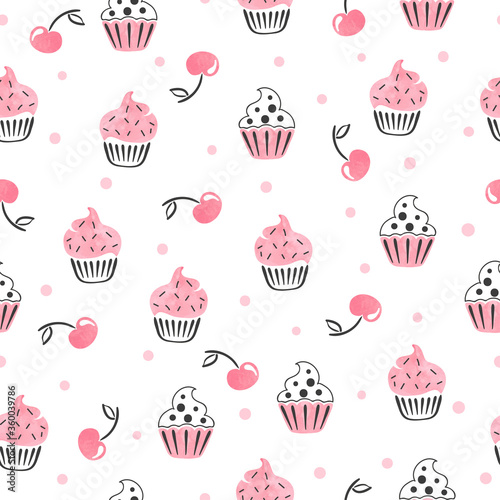 Sweet cupcakes seamless pattern. Vector background with cakes and cherry