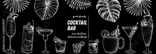 Alcoholic cocktails hand drawn vector illustration. Hand drawn sketch. Cocktails and palm leaves set. Menu design elements. Summer bar menu.