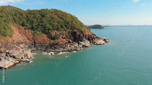 Rocky hills near Butterfly Beach. Goa India. Drone video.