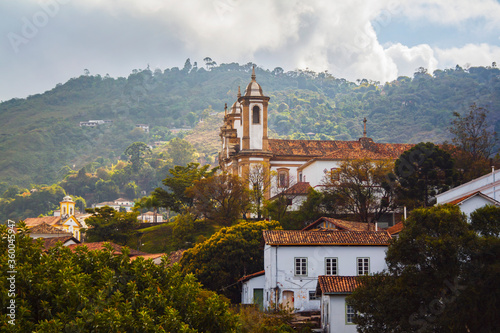 Baroque Church in Ouro Preto, Minas Gerais, Brazil. Igreja Nossa Senhora do Carmo. Low angle view from religious building. Catholic architecture from de 18 century.