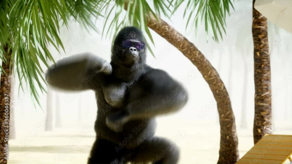 Funny gorillas and monkeys dancing on sunny seaside. Tourism and rest concept. Realistic 4K animation.