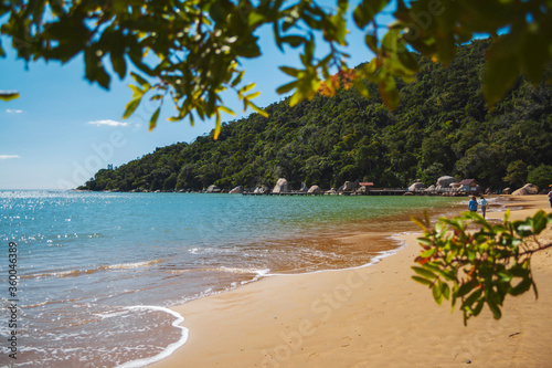 Beach view from Praia de Laranjeiras, Balneario Camboriu, Santa Catarina, Brazil. Vacation destination in South America. Tropical summer.