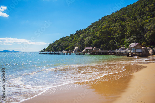 Beach view from Praia de Laranjeiras, Balneario Camboriu, Santa Catarina, Brazil. Vacation destination in South America. Tropical summer.