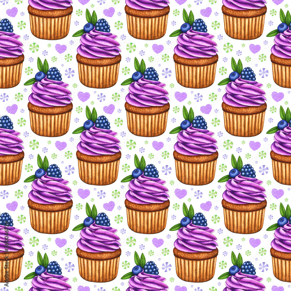 Watercolor cupcake seamless pattern. Muffin/cake with purple cream, blueberry, blackberry, candies. Hand drawn holiday background for design print, card, wrapping paper, textile, fabric, scrapbooking Watercolor cupcake seamless pattern. Muffin/cake with purple cream, blueberry, blackberry, candies. Hand drawn holiday background for design print, card, wrapping paper, textile, fabric, scrapbooking