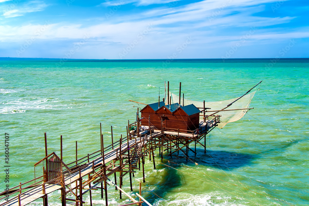 Ancient Trabucco, typical fishing machine of the city of Termoli, located on the Gargano Coast, Apulia's national park in Italy. 
