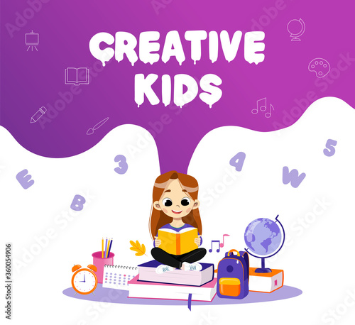 Concept Of Back To School And Creative Kids. Clever Girl Sitting On School Items In Surroundings Backpack And Globe And Reading The Book, Making Home task. Cartoon Flat Style. Vector Illustration