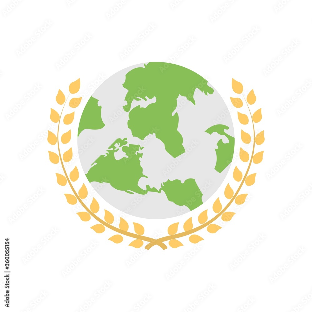 Global award icon. Globe with laurel wreath symbol. International trophy sign.