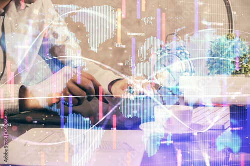 Wallpaper Mural Double exposure of man's hands holding and using a phone and international business theme drawing. Torontodigital.ca